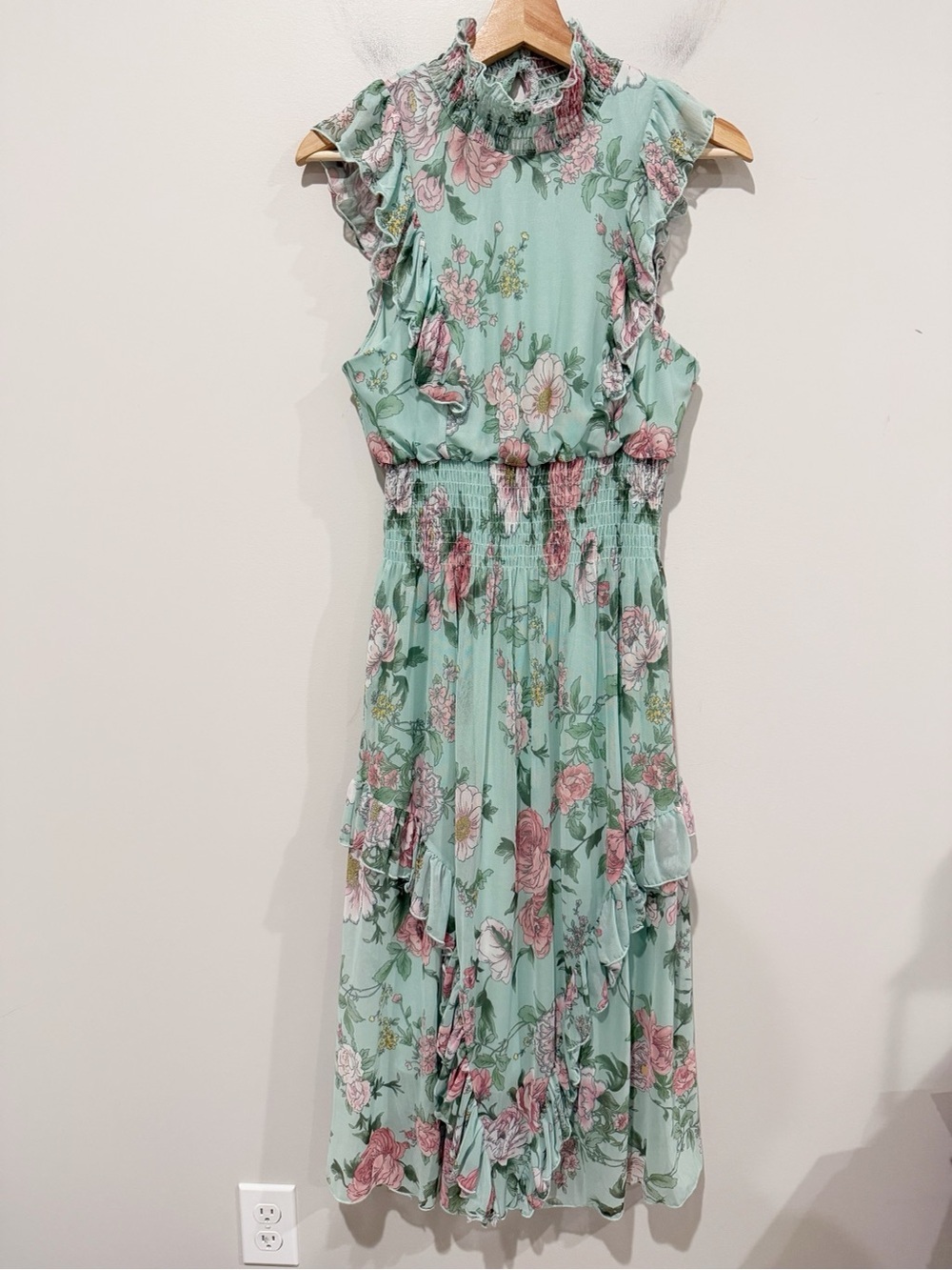 STELLA & JULIE Floral Ruffle Midi Dress Mint Green Smocked Waist Mock Neck Sz 4
